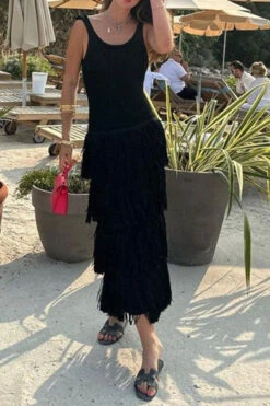 Patchwork Tiered Tassel Undeniable Midi Dress -Clothing Outlet Store C23071758 BK 3