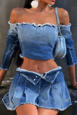 Gradient Girly Off Shoulder Denim Blouse