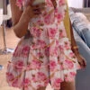 Rose Print Girly Tiered Mini Dress