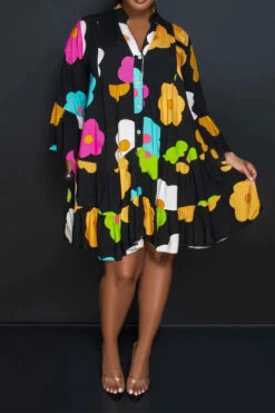 Floral Print Casual Button Thru Tiered Mini Dress 11 Floral Print Casual Button Thru Tiered Mini Dress -Clothing Outlet Store C23072129 BK 1