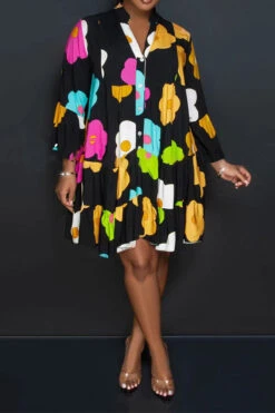 Floral Print Casual Button Thru Tiered Mini Dress 12 Floral Print Casual Button Thru Tiered Mini Dress -Clothing Outlet Store C23072129 BK 2