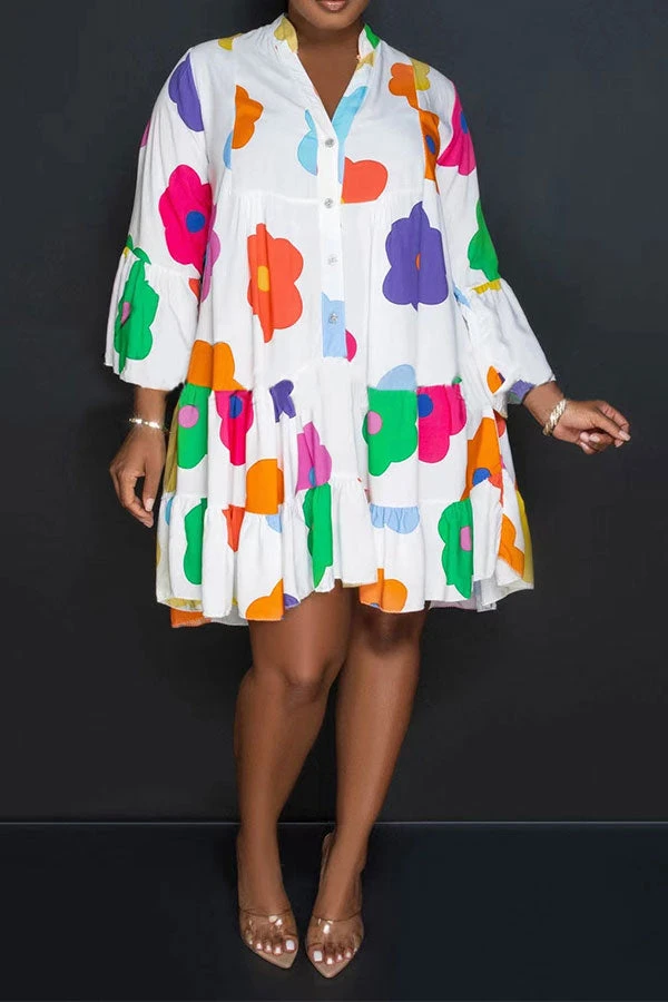 Floral Print Casual Button Thru Tiered Mini Dress 7 Floral Print Casual Button Thru Tiered Mini Dress - Image 7