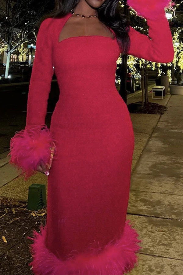 Solid Color Pretty Feather Trim Midi Dress 1 Solid Color Pretty Feather Trim Midi Dress