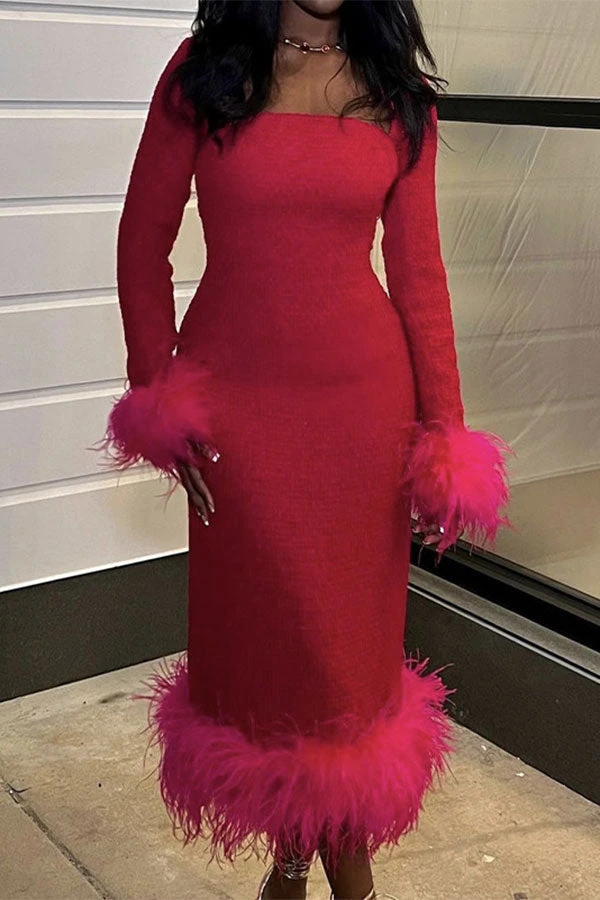 Solid Color Pretty Feather Trim Midi Dress 2 Solid Color Pretty Feather Trim Midi Dress - Image 2