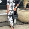 Abstract Face Print Classic Single Breasted Midi Dress