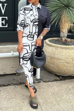 Abstract Face Print Classic Single Breasted Midi Dress