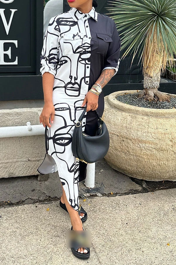 Abstract Face Print Classic Single Breasted Midi Dress 1 Abstract Face Print Classic Single Breasted Midi Dress