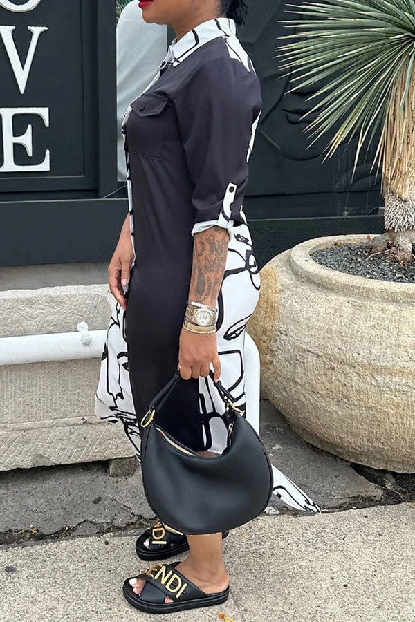 Abstract Face Print Classic Single Breasted Midi Dress 2 Abstract Face Print Classic Single Breasted Midi Dress - Image 2