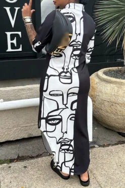 Abstract Face Print Classic Single Breasted Midi Dress 6 Abstract Face Print Classic Single Breasted Midi Dress -Clothing Outlet Store C23072144 BK 3
