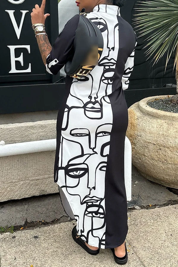 Abstract Face Print Classic Single Breasted Midi Dress 3 Abstract Face Print Classic Single Breasted Midi Dress - Image 3