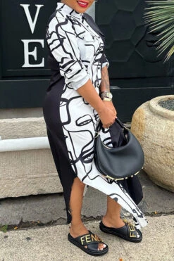 Abstract Face Print Classic Single Breasted Midi Dress 7 Abstract Face Print Classic Single Breasted Midi Dress -Clothing Outlet Store C23072144 BK 4