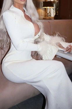 Solid Color Stylish Feather Trim Trumpet Sleeve Maxi Dress -Clothing Outlet Store C23072166 WH 4