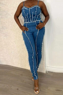 Patchwork Smart Spaghetti Strap Denim Jumpsuit
