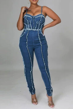 Patchwork Smart Spaghetti Strap Denim Jumpsuit -Clothing Outlet Store C23072178 BL 5