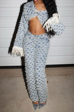 Checked Tassel Rocking Denim Pant Suit