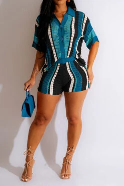 Color Block Hollow-Out Cozy Knitted Pant Suit 16 Color Block Hollow-Out Cozy Knitted Pant Suit -Clothing Outlet Store C23072187 BL 1