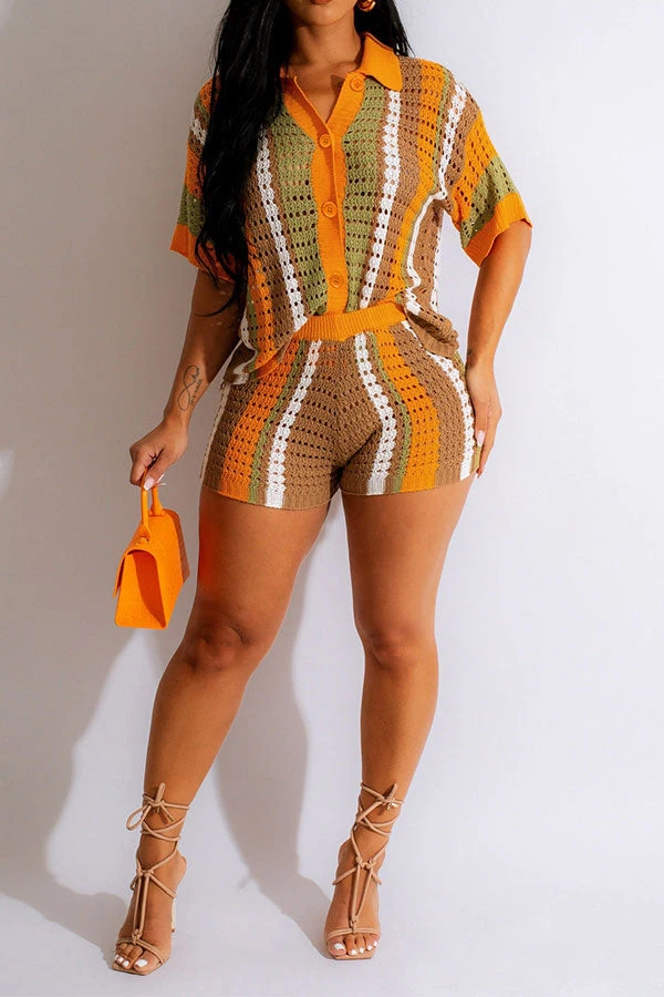 Color Block Hollow-Out Cozy Knitted Pant Suit 1 Color Block Hollow-Out Cozy Knitted Pant Suit