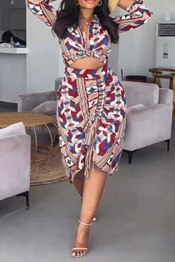 Geometric Print Retro Drawstring Dress Suit