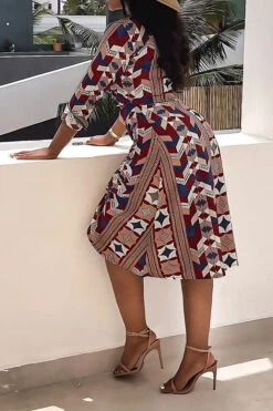 Geometric Print Retro Drawstring Dress Suit -Clothing Outlet Store C23072194 RT 3