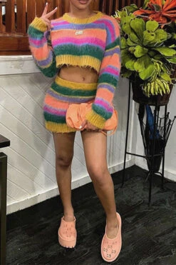 Rainbow Striped Pretty Knitted Dress Suit -Clothing Outlet Store C23072756 RT 4