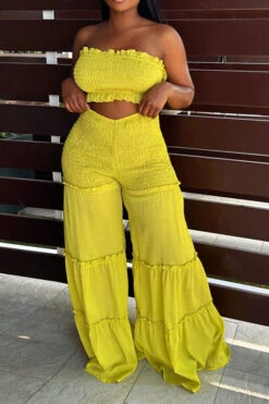 Strap Shirred Sweet Stringy Selvedge Wide Leg Pant Suit 6 Strap Shirred Sweet Stringy Selvedge Wide Leg Pant Suit -Clothing Outlet Store C23072782 YE 1