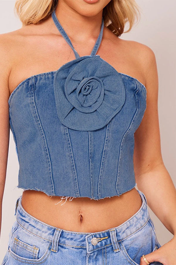3D Flower Decor Halter Collar Smart Denim Camisole 1 3D Flower Decor Halter Collar Smart Denim Camisole