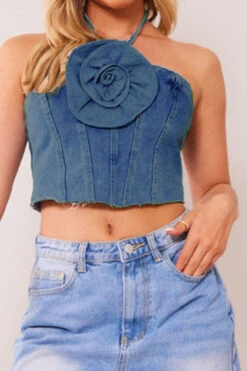 3D Flower Decor Halter Collar Smart Denim Camisole 6 3D Flower Decor Halter Collar Smart Denim Camisole -Clothing Outlet Store C23080107 BL 3