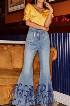 Feather Trim Rocking Bell Bottoms Jeans -Clothing Outlet Store C23080108 BL 3