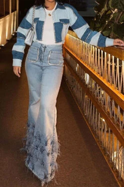 Feather Trim Rocking Bell Bottoms Jeans -Clothing Outlet Store C23080108 BL 4
