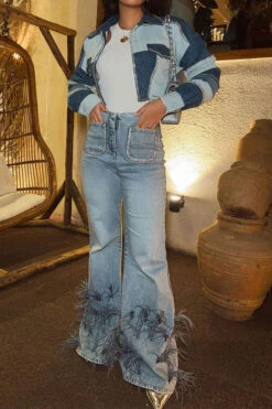 Feather Trim Rocking Bell Bottoms Jeans -Clothing Outlet Store C23080108 BL 5