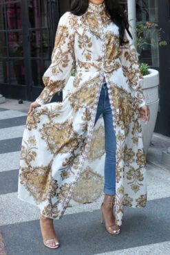 Gold Retro Floral Print Pretty Belted Midi Dress