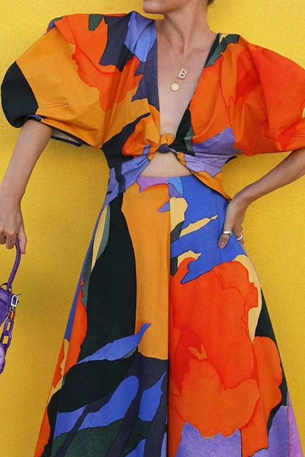 Colorful Graphic Print Knotted Detail Cutout Midi Dress 2 Colorful Graphic Print Knotted Detail Cutout Midi Dress - Image 2