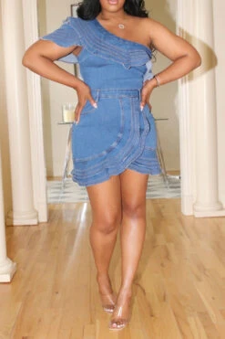 Patchwork Ruffle Stunning Denim Camisole & Skirt -Clothing Outlet Store C23080188 R2 2