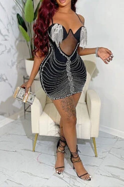 Rhinestone Tassel Hot Spaghetti Strap Mini Dress