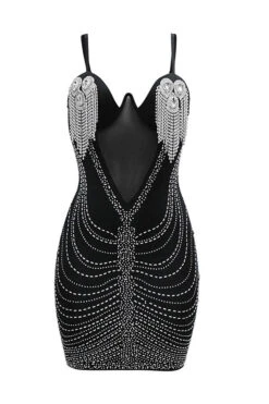 Rhinestone Tassel Hot Spaghetti Strap Mini Dress 14 Rhinestone Tassel Hot Spaghetti Strap Mini Dress -Clothing Outlet Store C23081540 BK 3