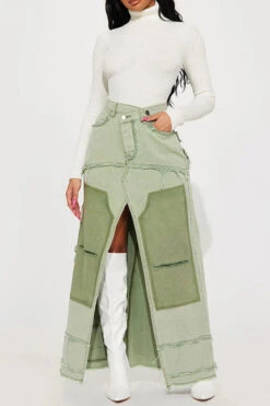 Color Block Patchwork Unique High Split Denim Skirt -Clothing Outlet Store C23082822 GR 1