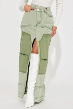 Color Block Patchwork Unique High Split Denim Skirt -Clothing Outlet Store C23082822 GR 2