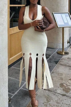 Solid Color Modern Burn-Out Tassel Midi Dress -Clothing Outlet Store C23082836 WH 3