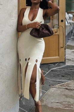 Solid Color Modern Burn-Out Tassel Midi Dress -Clothing Outlet Store C23082836 WH 4