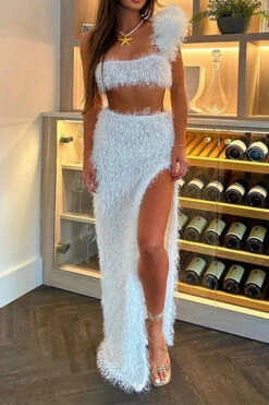 Solid Color Fluffy One Shoulder High Split Dress Suit 10 Solid Color Fluffy One Shoulder High Split Dress Suit -Clothing Outlet Store C23082878 WH 1