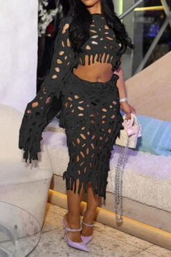 Solid Color Whimsical Burn-Out Tassel Dress Suit 12 Solid Color Whimsical Burn-Out Tassel Dress Suit -Clothing Outlet Store C23082892 BK 1