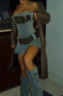 Solid Color Urban Pleated Denim Mini Dress With Belt -Clothing Outlet Store CP2302132 BL 4 f3549e9e 55be 46f0 8f4b d628d8fbeda5