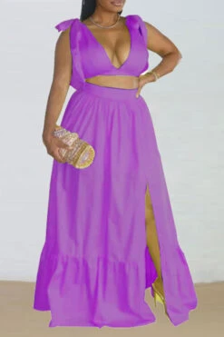 Solid Color Pretty Bowknot High Split Dress Suit -Clothing Outlet Store CP2306141 PU 1