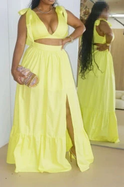 Solid Color Pretty Bowknot High Split Dress Suit