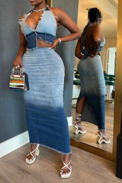Gradient Boyish Backless Denim Dress Suit