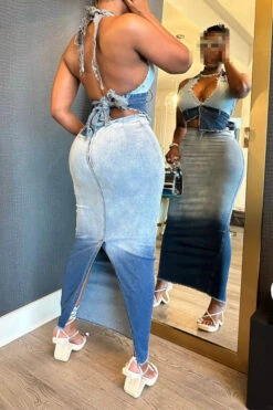 Gradient Boyish Backless Denim Dress Suit -Clothing Outlet Store CP2308163 BL 3