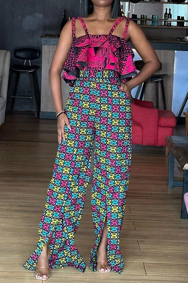 Geometric Print Retro Ruffle Pant Suit 3 Geometric Print Retro Ruffle Pant Suit - Image 3