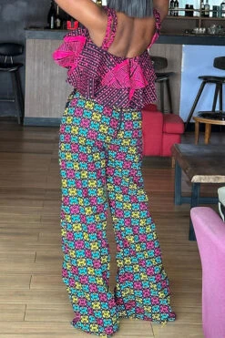 Geometric Print Retro Ruffle Pant Suit 7 Geometric Print Retro Ruffle Pant Suit -Clothing Outlet Store CP2309025 RT 4