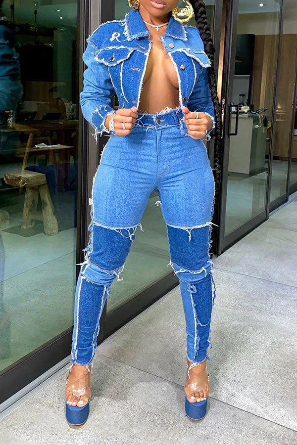 Color Block Tassels Chic Midriff-Baring Pants Suit 2 Color Block Tassels Chic Midriff-Baring Pants Suit - Image 2