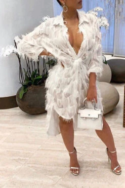 Solid Color Elegant Tassels Deep V Neck Mini Dress